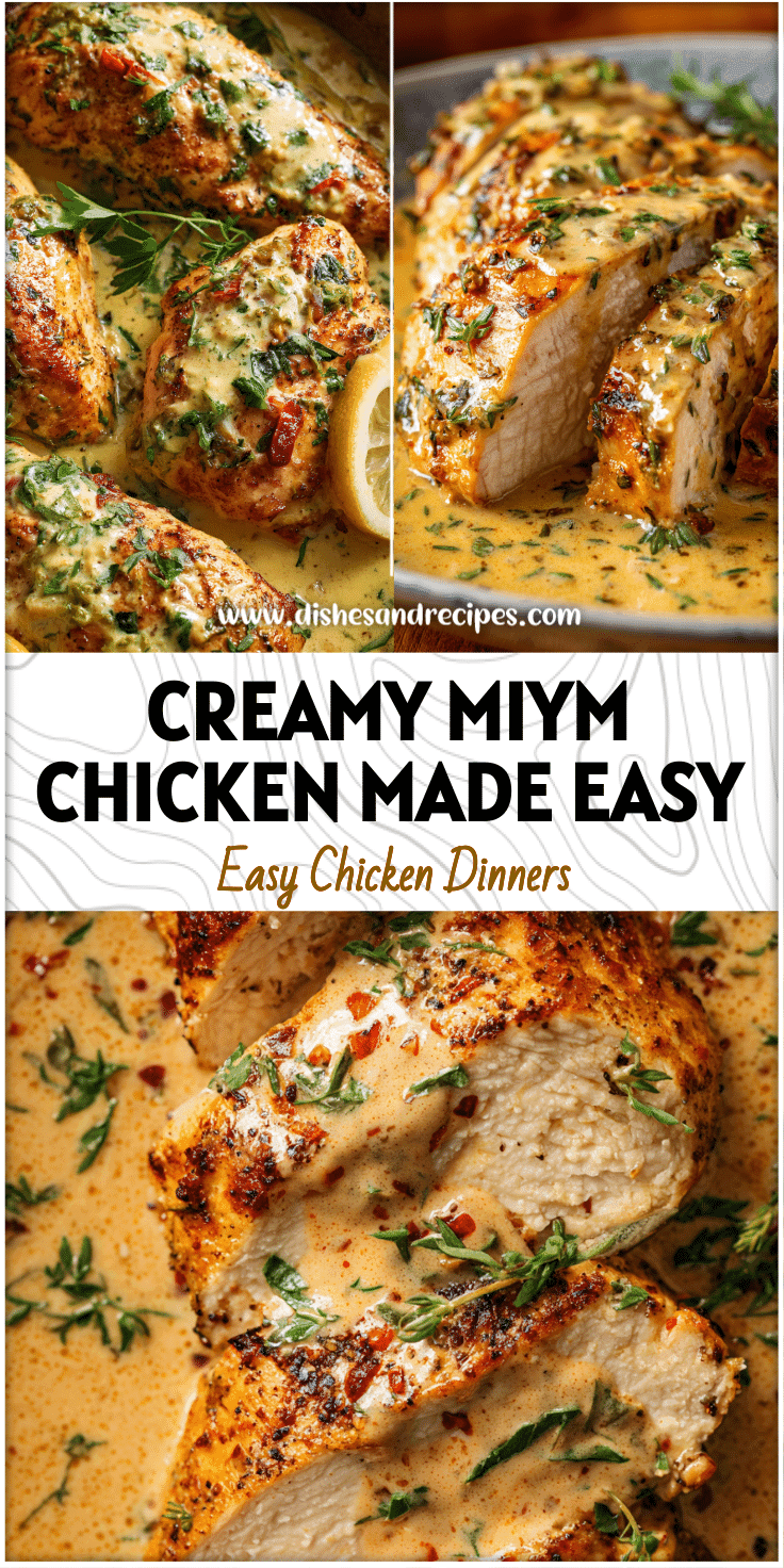 Baked Miym Chicken breast served in a dish with creamy sauce and fresh herbs for an easy oven dinner recipe